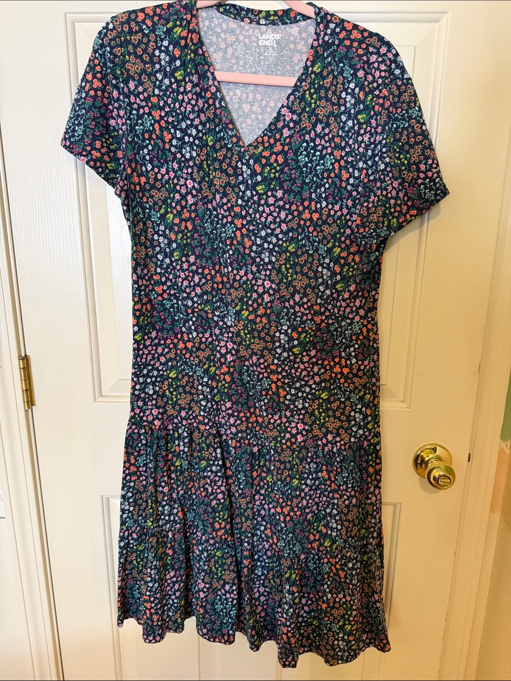 Lands' End Navy Multicolor Floral V-Neck Midi Dress